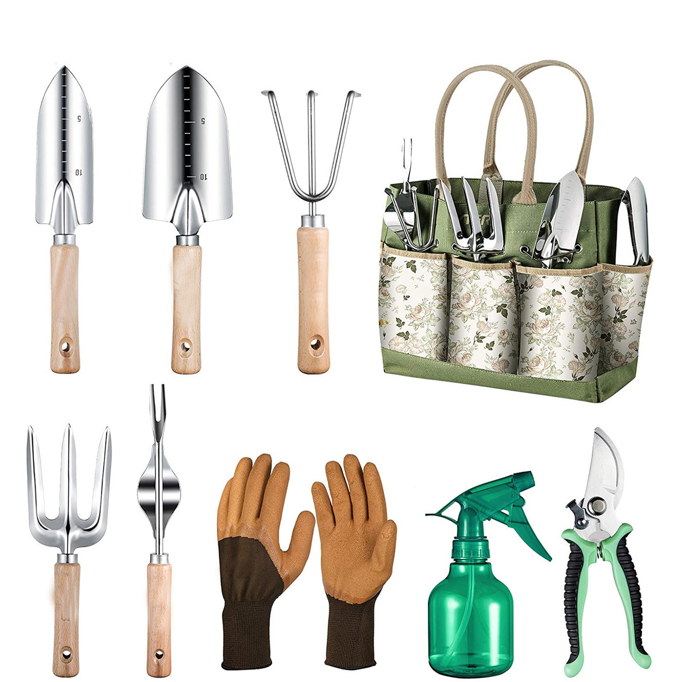 Garden Gloves - 9-delige tuingereedschapset met robuust roestvrijstalen handgereedschap,